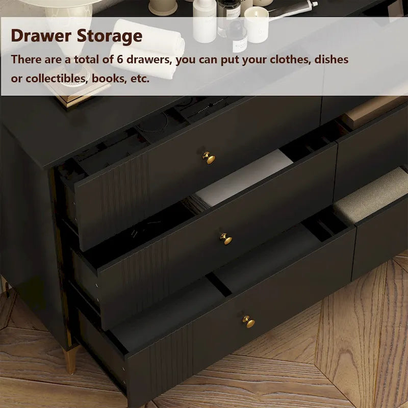 White Lacquer 6 Drawer Dresser with Gold Metal Handles & Legs - Modern Bedroom Storage Cabinet, MDF Construction, Easy Assembly