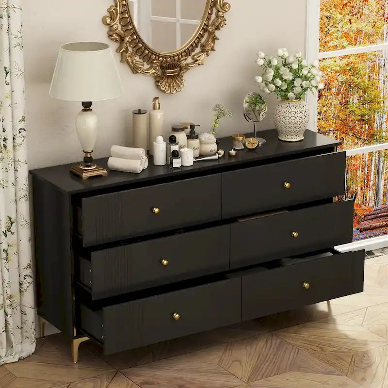 White Lacquer 6 Drawer Dresser with Gold Metal Handles & Legs - Modern Bedroom Storage Cabinet, MDF Construction, Easy Assembly
