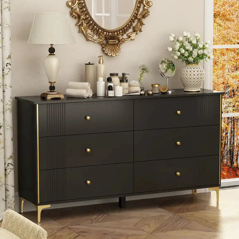 White Lacquer 6 Drawer Dresser with Gold Metal Handles & Legs - Modern Bedroom Storage Cabinet, MDF Construction, Easy Assembly