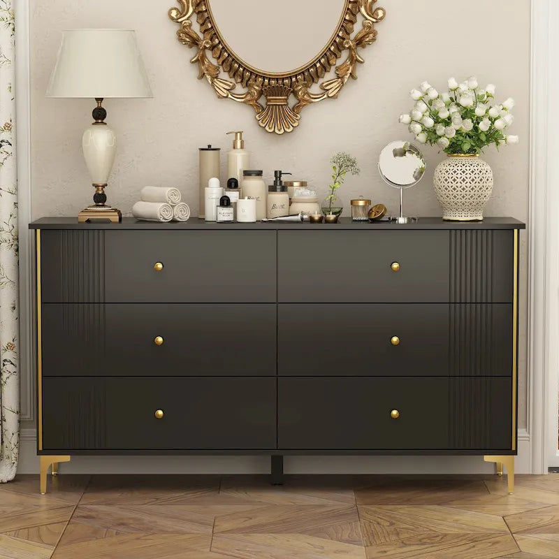 White Lacquer 6 Drawer Dresser with Gold Metal Handles & Legs - Modern Bedroom Storage Cabinet, MDF Construction, Easy Assembly