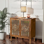 27.6"W Mirrored Farmhouse Accent Cabinet - Geometric Overlays, Solid Wood, 80lbs Capacity, Easy Assembly, Rustic Modern Style