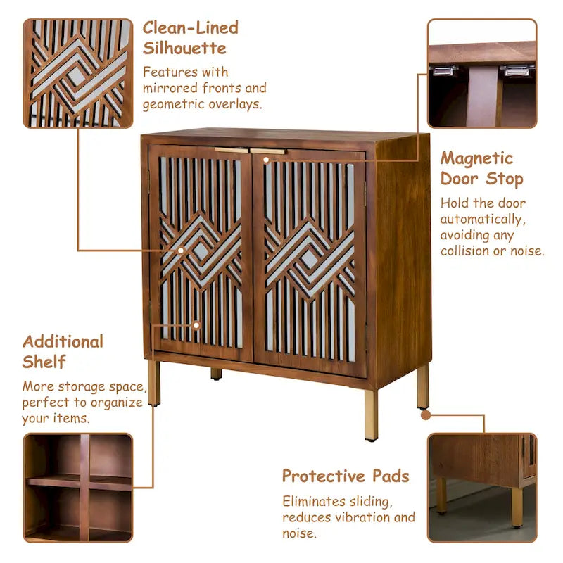 27.6"W Mirrored Farmhouse Accent Cabinet - Geometric Overlays, Solid Wood, 80lbs Capacity, Easy Assembly, Rustic Modern Style