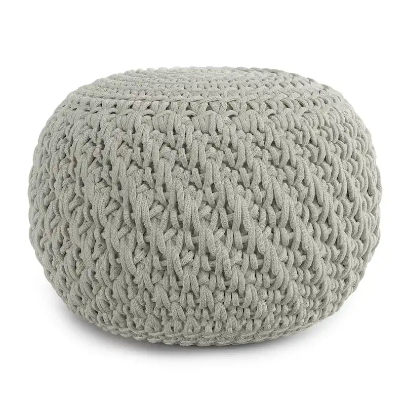 20" Round Knitted Pouf Ottoman - 100% Recycled PET Polyester, Water & UV Resistant, Indoor/Outdoor, Light Grey, Fully Assembled