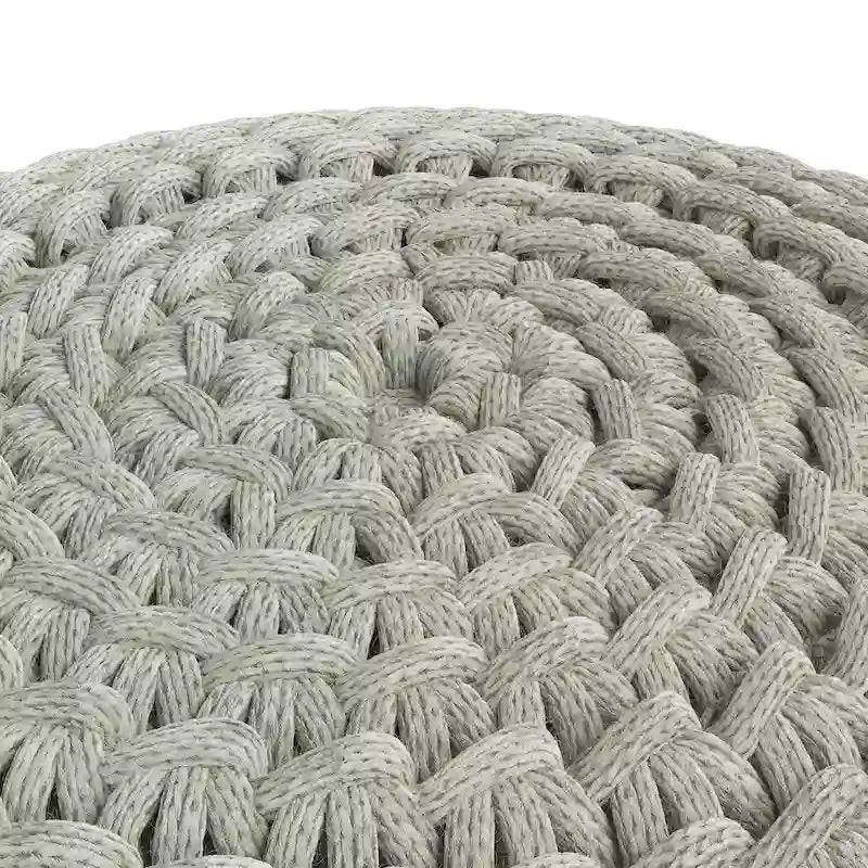 20" Round Knitted Pouf Ottoman - 100% Recycled PET Polyester, Water & UV Resistant, Indoor/Outdoor, Light Grey, Fully Assembled