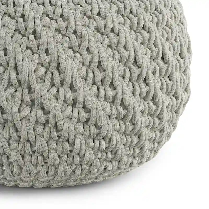 20" Round Knitted Pouf Ottoman - 100% Recycled PET Polyester, Water & UV Resistant, Indoor/Outdoor, Light Grey, Fully Assembled