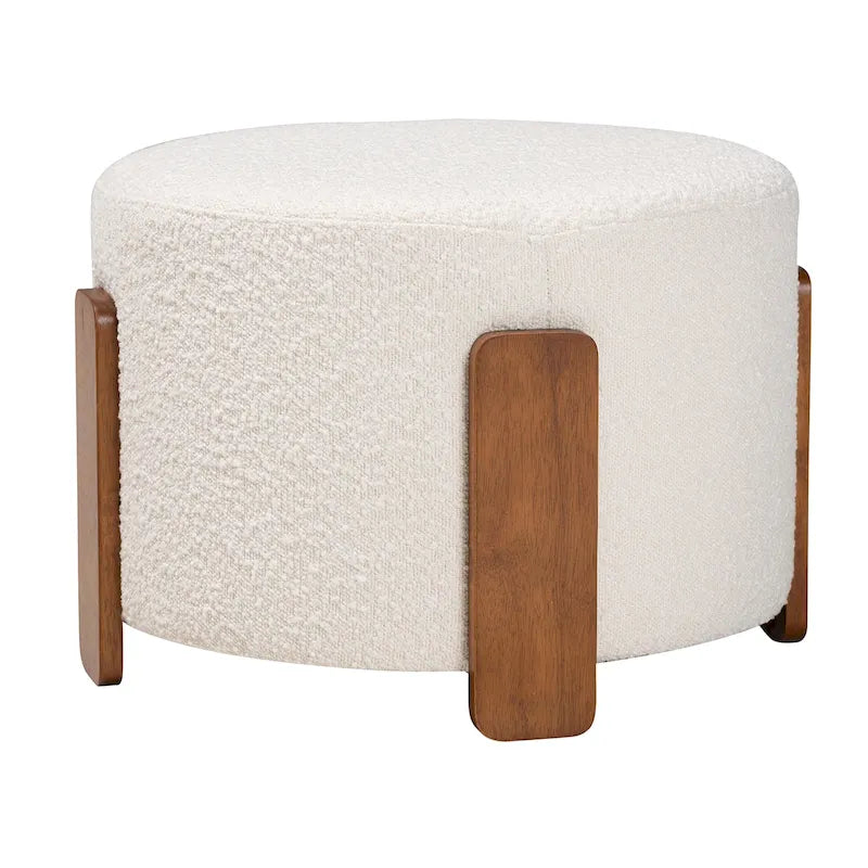 21.3" Round Japandi Ottoman Footstool - Boucle Fabric, Rubberwood Legs, Foam Padded, Cream/Grey Options, Modern Minimalist Style