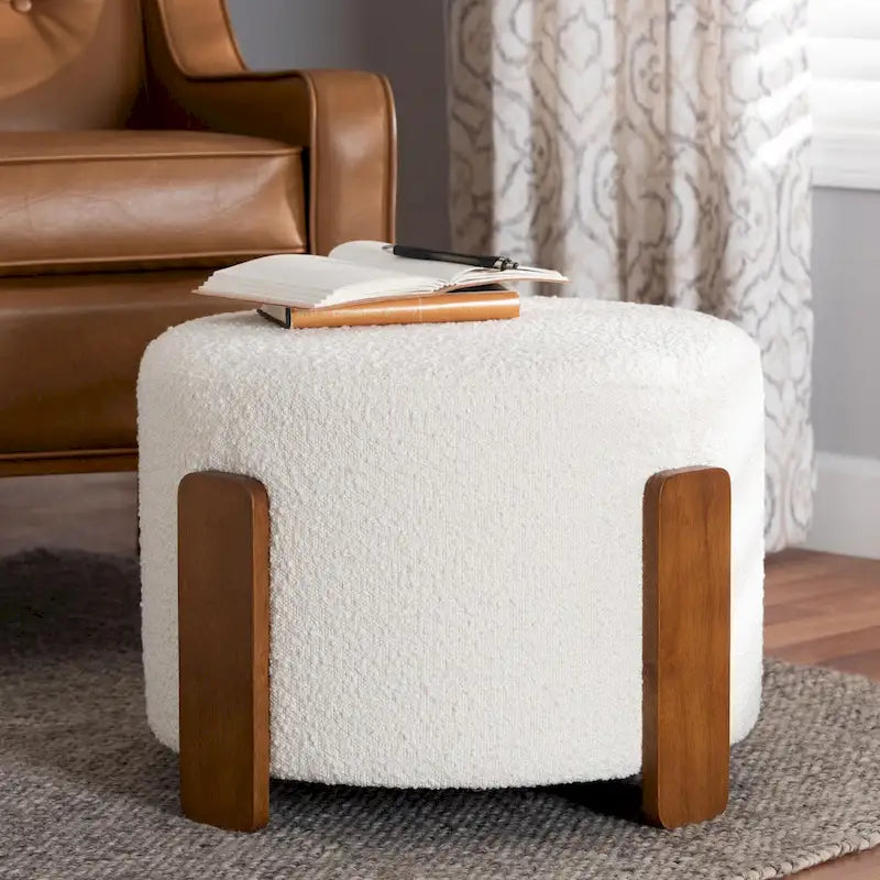 Finlay Modern Japandi Boucle Fabric and Wood Ottoman Footstool