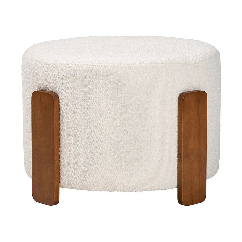 21.3" Round Japandi Ottoman Footstool - Boucle Fabric, Rubberwood Legs, Foam Padded, Cream/Grey Options, Modern Minimalist Style