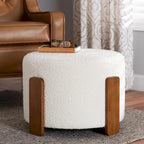 21.3" Round Japandi Ottoman Footstool - Boucle Fabric, Rubberwood Legs, Foam Padded, Cream/Grey Options, Modern Minimalist Style