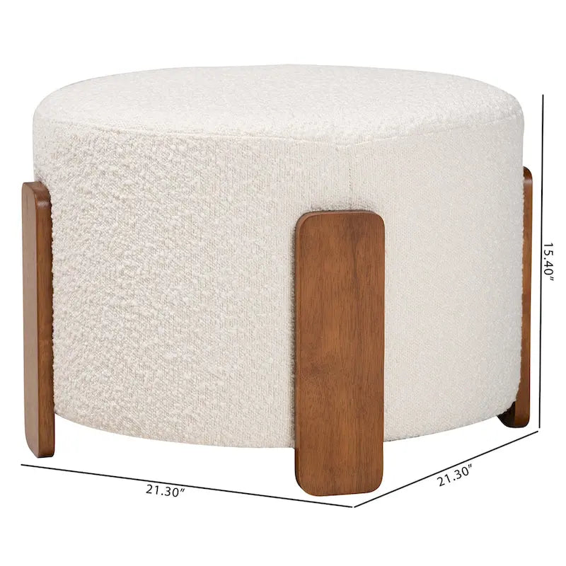 21.3" Round Japandi Ottoman Footstool - Boucle Fabric, Rubberwood Legs, Foam Padded, Cream/Grey Options, Modern Minimalist Style