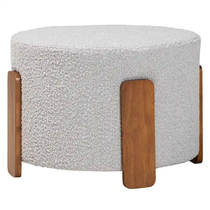 21.3" Round Japandi Ottoman Footstool - Boucle Fabric, Rubberwood Legs, Foam Padded, Cream/Grey Options, Modern Minimalist Style