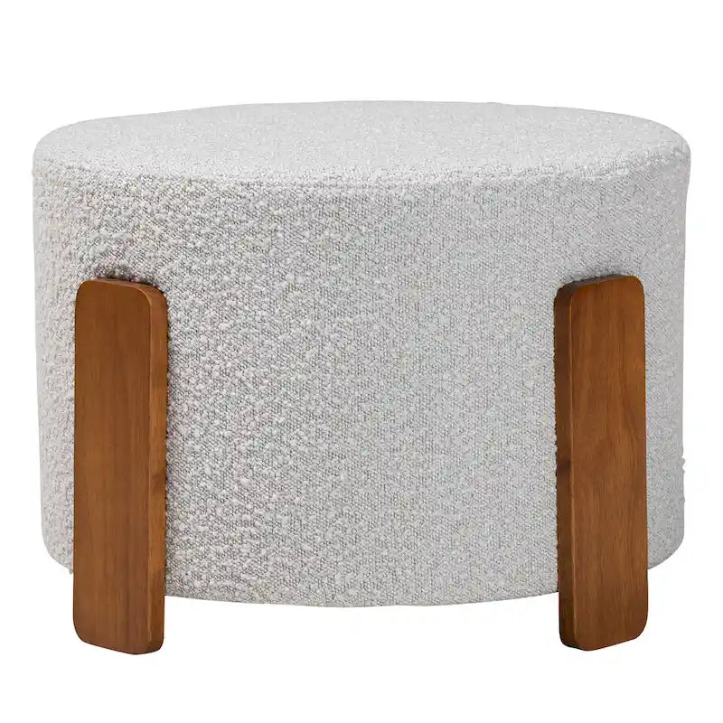21.3" Round Japandi Ottoman Footstool - Boucle Fabric, Rubberwood Legs, Foam Padded, Cream/Grey Options, Modern Minimalist Style
