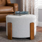 21.3" Round Japandi Ottoman Footstool - Boucle Fabric, Rubberwood Legs, Foam Padded, Cream/Grey Options, Modern Minimalist Style