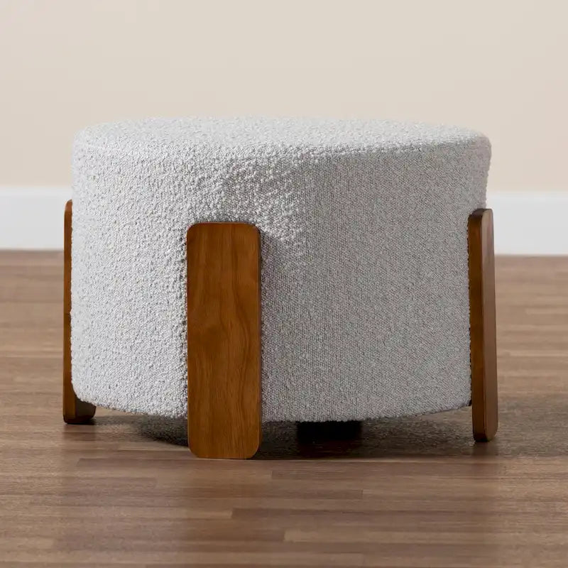 21.3" Round Japandi Ottoman Footstool - Boucle Fabric, Rubberwood Legs, Foam Padded, Cream/Grey Options, Modern Minimalist Style