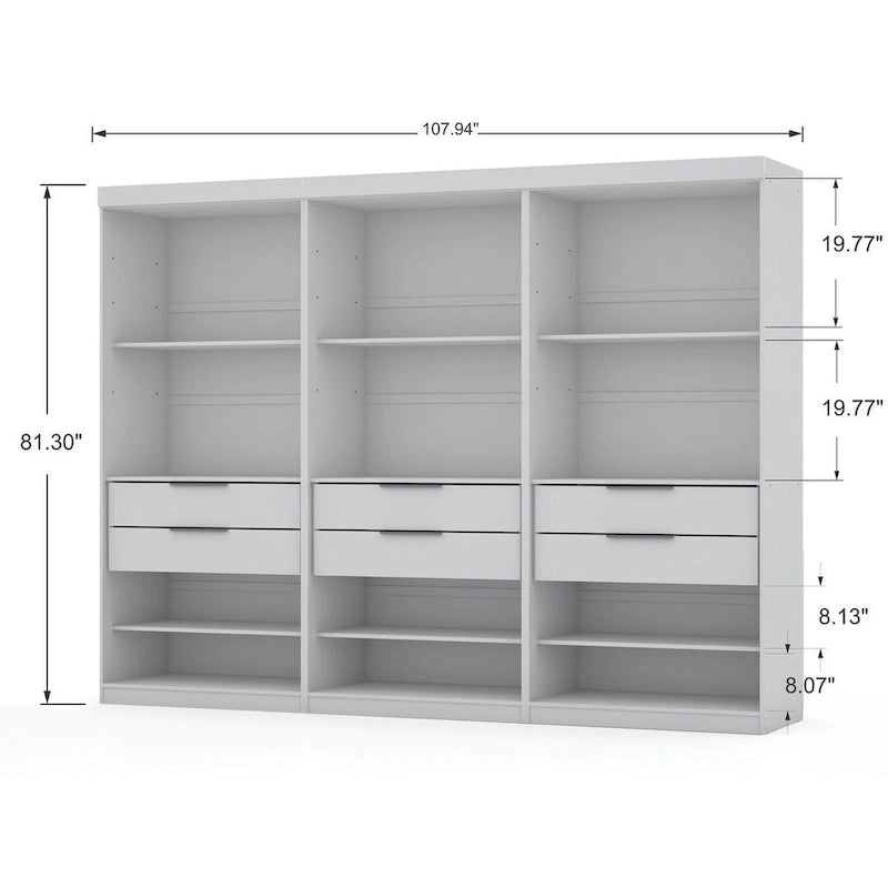 Modern 3-Sectional Wardrobe Closet Set - 6 Drawers, 12 Cubbies, Soft Close Doors, 107.94"L x 81.3"H x 21.65"D Storage System