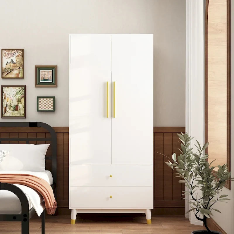 Modern Wooden Wardrobe Closet with 2 Doors, 2 Drawers & Hanging Rail - 70.9"H x 31.5"W x 19.1"D Storage Armoire