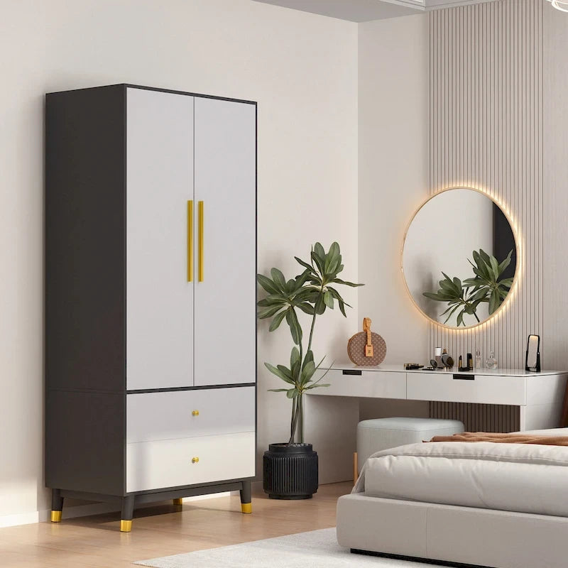 Modern Wooden Wardrobe Closet with 2 Doors, 2 Drawers & Hanging Rail - 70.9"H x 31.5"W x 19.1"D Storage Armoire