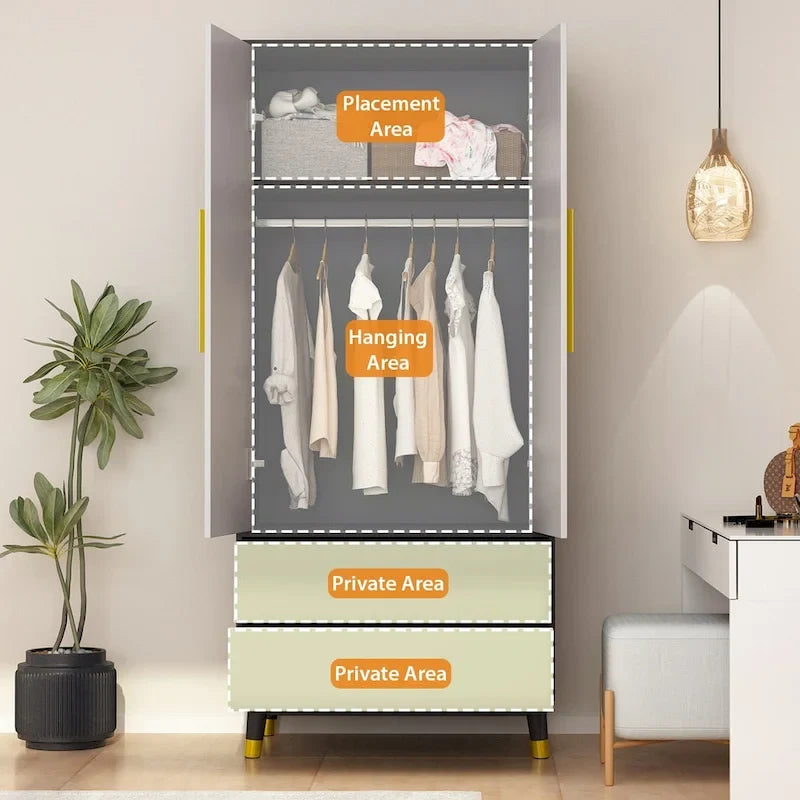 Modern Wooden Wardrobe Closet with 2 Doors, 2 Drawers & Hanging Rail - 70.9"H x 31.5"W x 19.1"D Storage Armoire