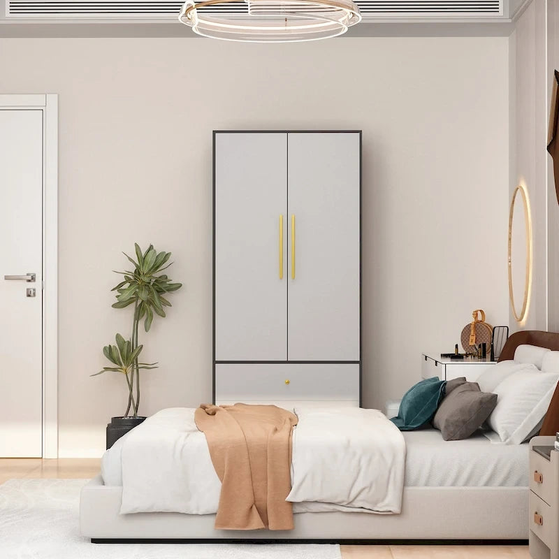 Modern Wooden Wardrobe Closet with 2 Doors, 2 Drawers & Hanging Rail - 70.9"H x 31.5"W x 19.1"D Storage Armoire
