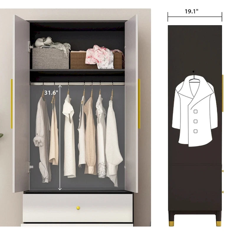 Modern Wooden Wardrobe Closet with 2 Doors, 2 Drawers & Hanging Rail - 70.9"H x 31.5"W x 19.1"D Storage Armoire