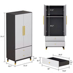 Modern Wooden Wardrobe Closet with 2 Doors, 2 Drawers & Hanging Rail - 70.9"H x 31.5"W x 19.1"D Storage Armoire
