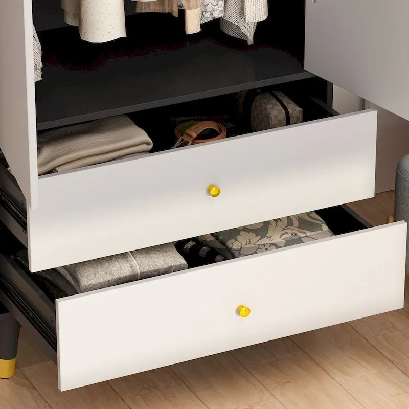 Modern Wooden Wardrobe Closet with 2 Doors, 2 Drawers & Hanging Rail - 70.9"H x 31.5"W x 19.1"D Storage Armoire
