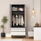 Modern Wooden Wardrobe Closet with 2 Doors, 2 Drawers & Hanging Rail - 70.9"H x 31.5"W x 19.1"D Storage Armoire