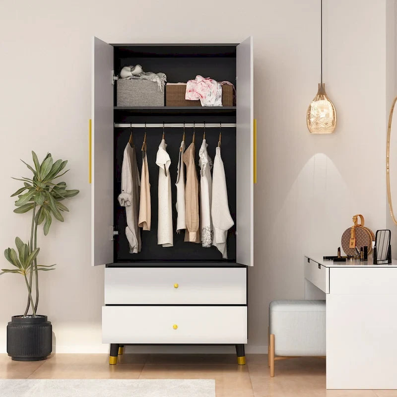 Modern Wooden Wardrobe Closet with 2 Doors, 2 Drawers & Hanging Rail - 70.9"H x 31.5"W x 19.1"D Storage Armoire