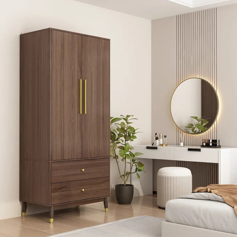 Modern Wooden Wardrobe Closet with 2 Doors, 2 Drawers & Hanging Rail - 70.9"H x 31.5"W x 19.1"D Storage Armoire