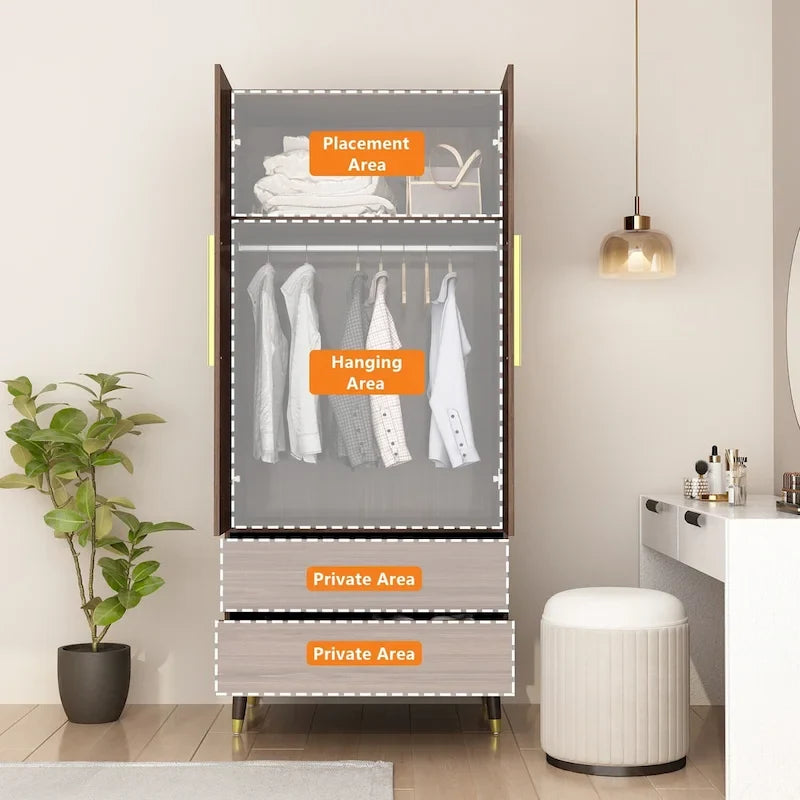 Modern Wooden Wardrobe Closet with 2 Doors, 2 Drawers & Hanging Rail - 70.9"H x 31.5"W x 19.1"D Storage Armoire