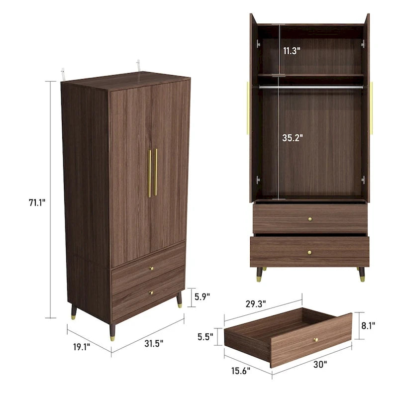 Modern Wooden Wardrobe Closet with 2 Doors, 2 Drawers & Hanging Rail - 70.9"H x 31.5"W x 19.1"D Storage Armoire