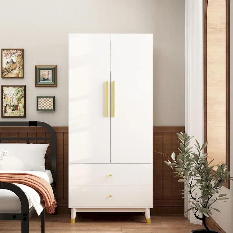 Modern Wooden Wardrobe Closet with 2 Doors, 2 Drawers & Hanging Rail - 70.9"H x 31.5"W x 19.1"D Storage Armoire