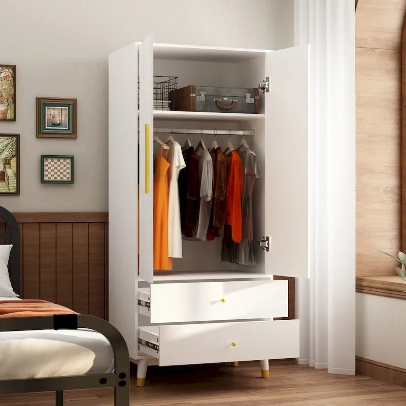 Modern Wooden Wardrobe Closet with 2 Doors, 2 Drawers & Hanging Rail - 70.9"H x 31.5"W x 19.1"D Storage Armoire