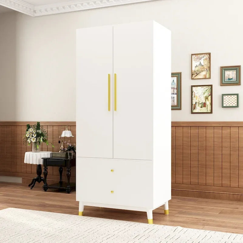 Modern Wooden Wardrobe Closet with 2 Doors, 2 Drawers & Hanging Rail - 70.9"H x 31.5"W x 19.1"D Storage Armoire