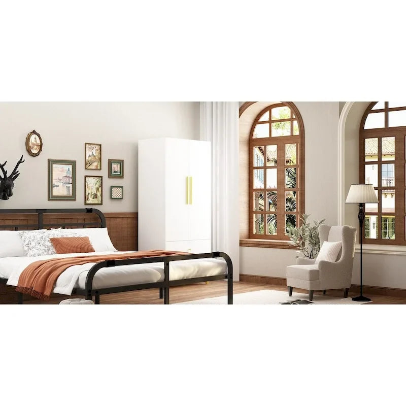 Modern Wooden Wardrobe Closet with 2 Doors, 2 Drawers & Hanging Rail - 70.9"H x 31.5"W x 19.1"D Storage Armoire