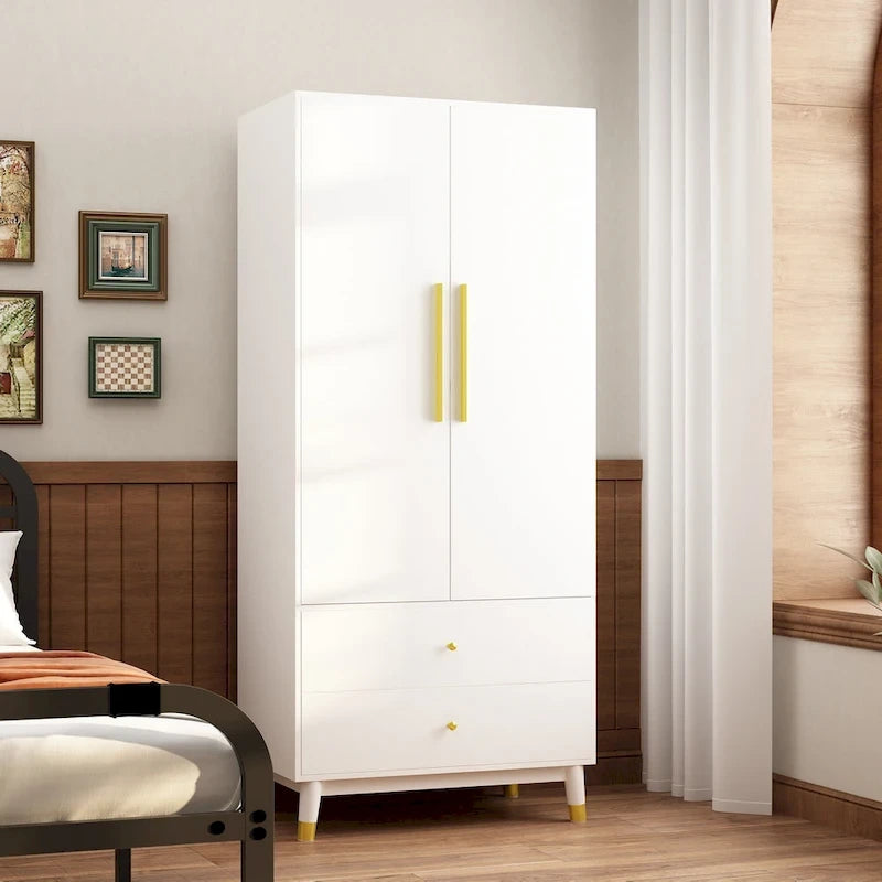 Modern Wooden Wardrobe Closet with 2 Doors, 2 Drawers & Hanging Rail - 70.9"H x 31.5"W x 19.1"D Storage Armoire