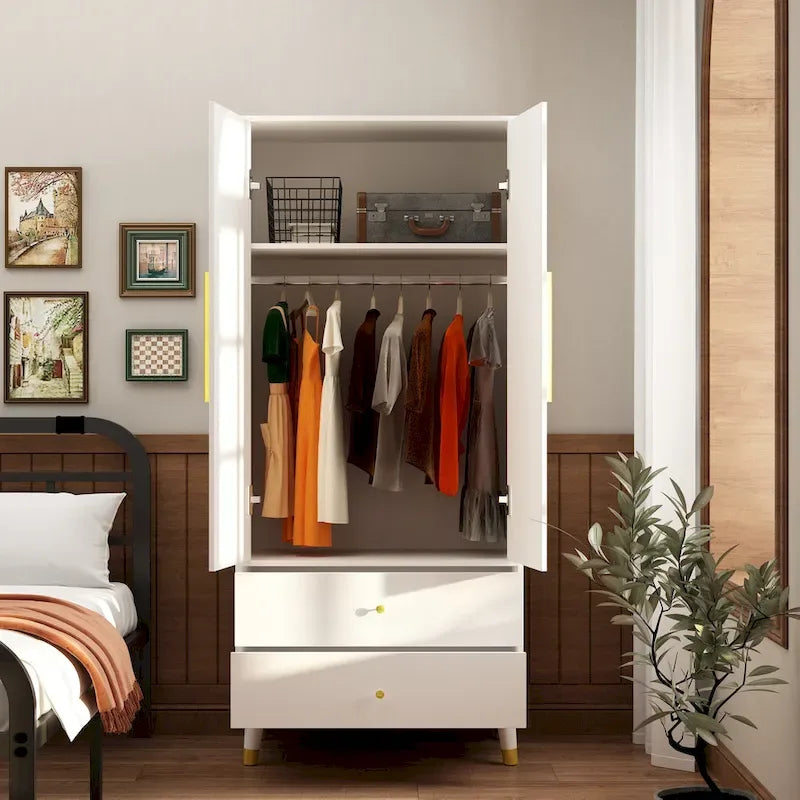 Modern Wooden Wardrobe Closet with 2 Doors, 2 Drawers & Hanging Rail - 70.9"H x 31.5"W x 19.1"D Storage Armoire