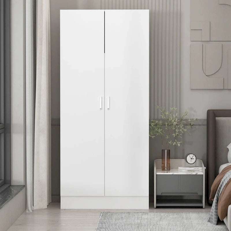 White Freestanding Wardrobe Armoire with 2 Doors, Hanging Rod & Top Shelf - Modern Bedroom Closet Storage Cabinet