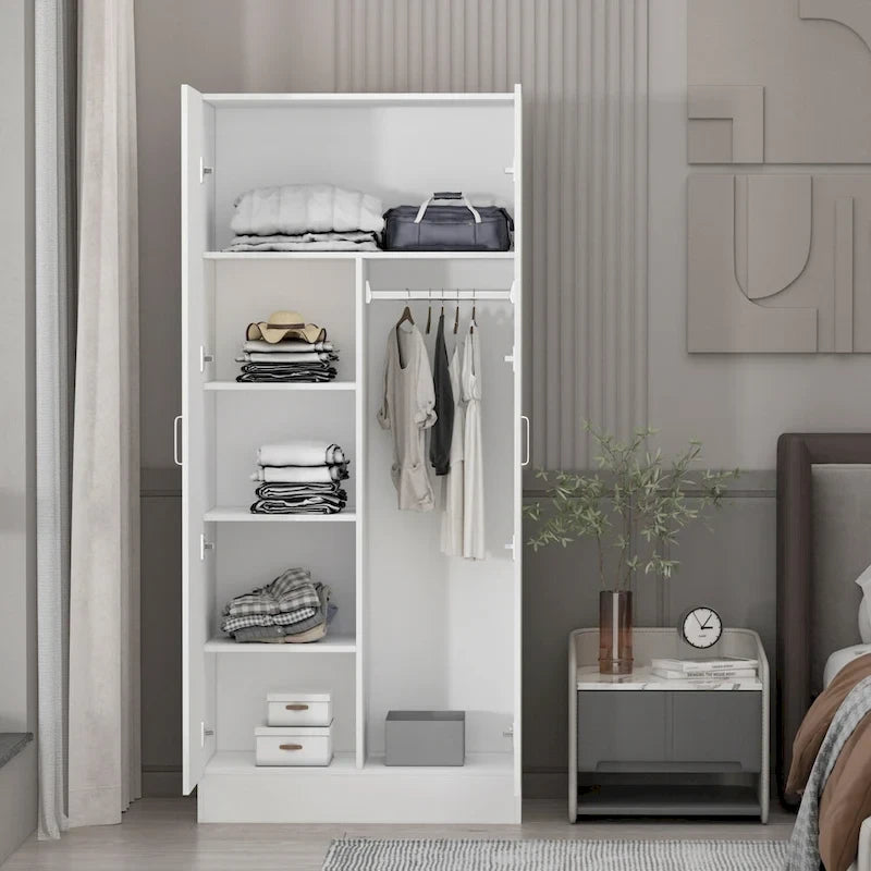 White Freestanding Wardrobe Armoire with 2 Doors, Hanging Rod & Top Shelf - Modern Bedroom Closet Storage Cabinet
