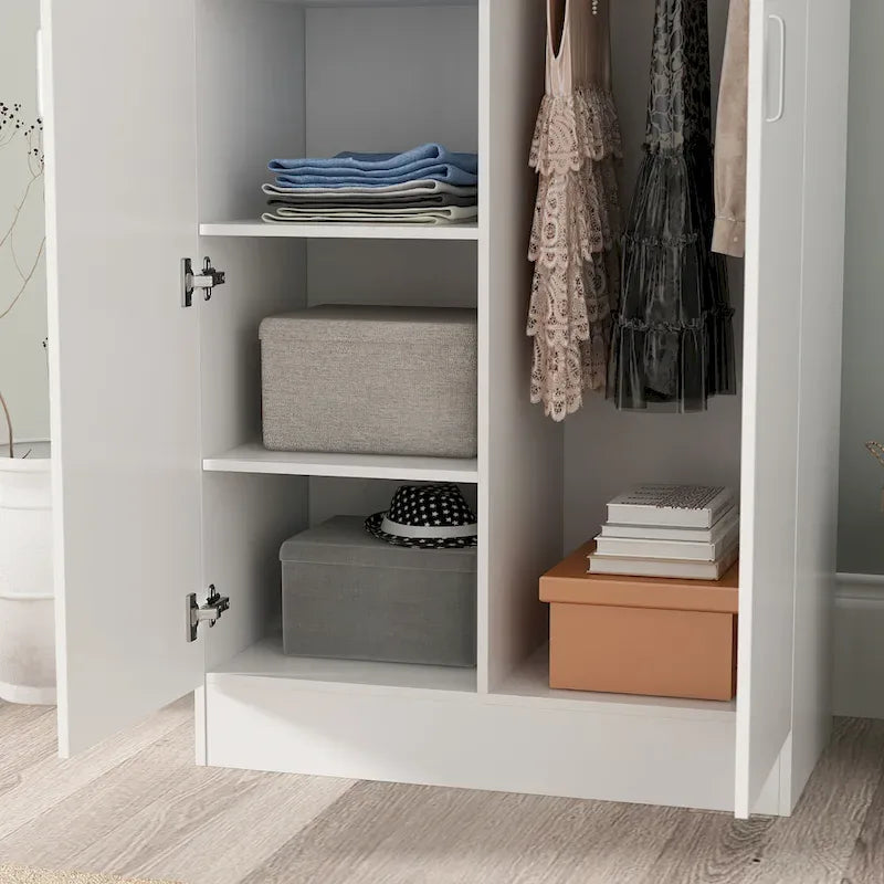 White Freestanding Wardrobe Armoire with 2 Doors, Hanging Rod & Top Shelf - Modern Bedroom Closet Storage Cabinet