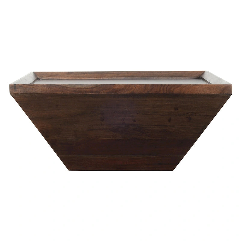 36" Square Acacia Wood Coffee Table with Trapezoid Base - Dark Brown Rustic Style, Raised Edge Tray Top, 36"L x 36"W x 16"H