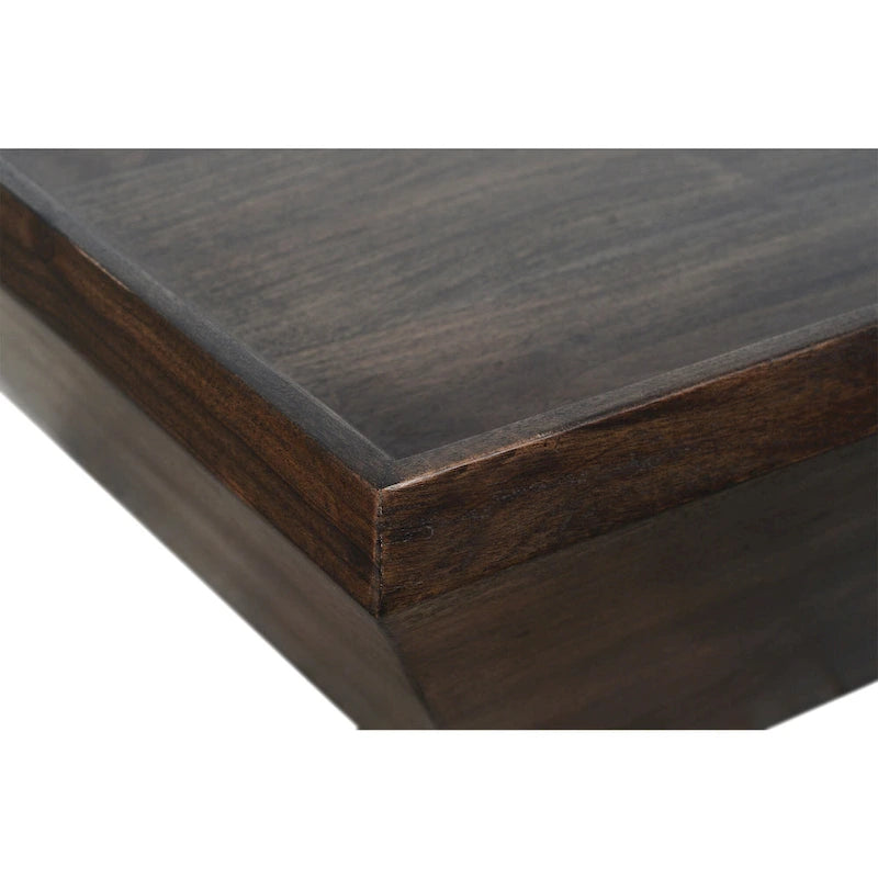 36" Square Acacia Wood Coffee Table with Trapezoid Base - Dark Brown Rustic Style, Raised Edge Tray Top, 36"L x 36"W x 16"H