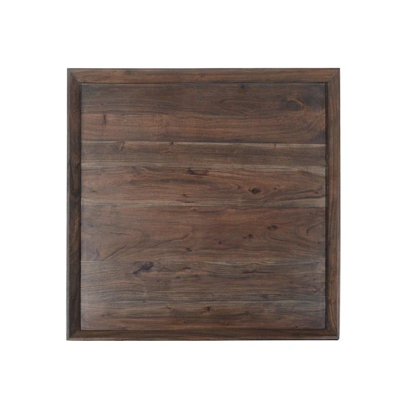 36" Square Acacia Wood Coffee Table with Trapezoid Base - Dark Brown Rustic Style, Raised Edge Tray Top, 36"L x 36"W x 16"H