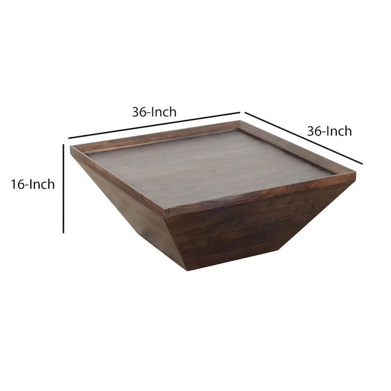 36" Square Acacia Wood Coffee Table with Trapezoid Base - Dark Brown Rustic Style, Raised Edge Tray Top, 36"L x 36"W x 16"H