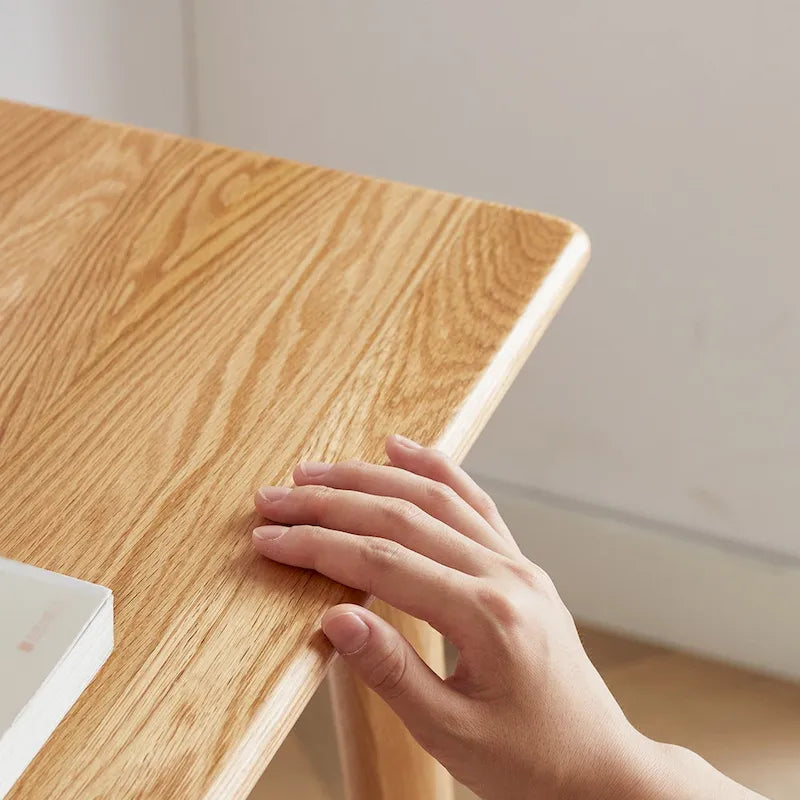 100% Solid Wood Computer Desk with Drawer & Cable Hole - 100cm x 50cm Natural Wood Grain, Ergonomic Arc Design, Easy Assembly