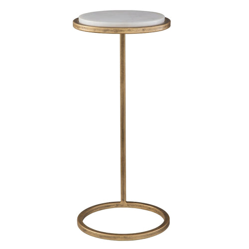 10.25" White Marble Accent Table with Aged Gold Iron Frame - 23.5"H Modern Glam Side Table, Fully Assembled, Handcrafted in India