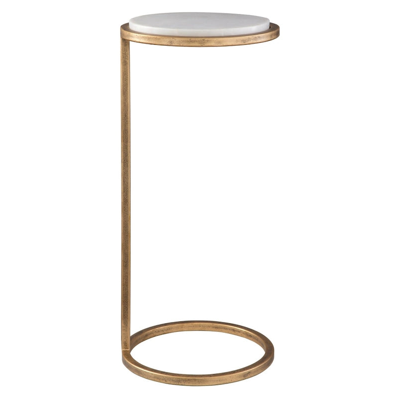 10.25" White Marble Accent Table with Aged Gold Iron Frame - 23.5"H Modern Glam Side Table, Fully Assembled, Handcrafted in India