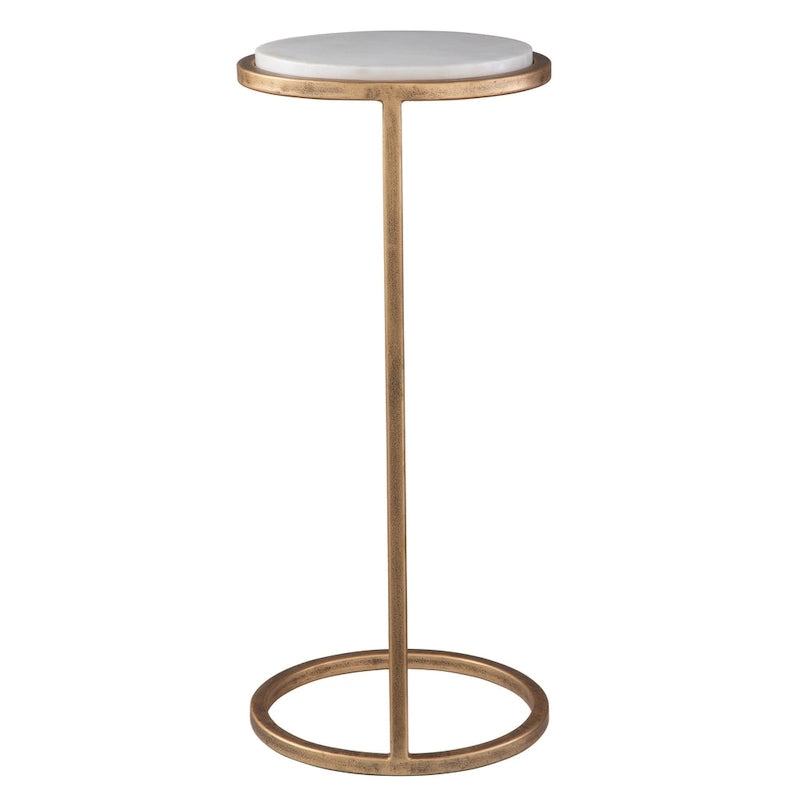 10.25" White Marble Accent Table with Aged Gold Iron Frame - 23.5"H Modern Glam Side Table, Fully Assembled, Handcrafted in India