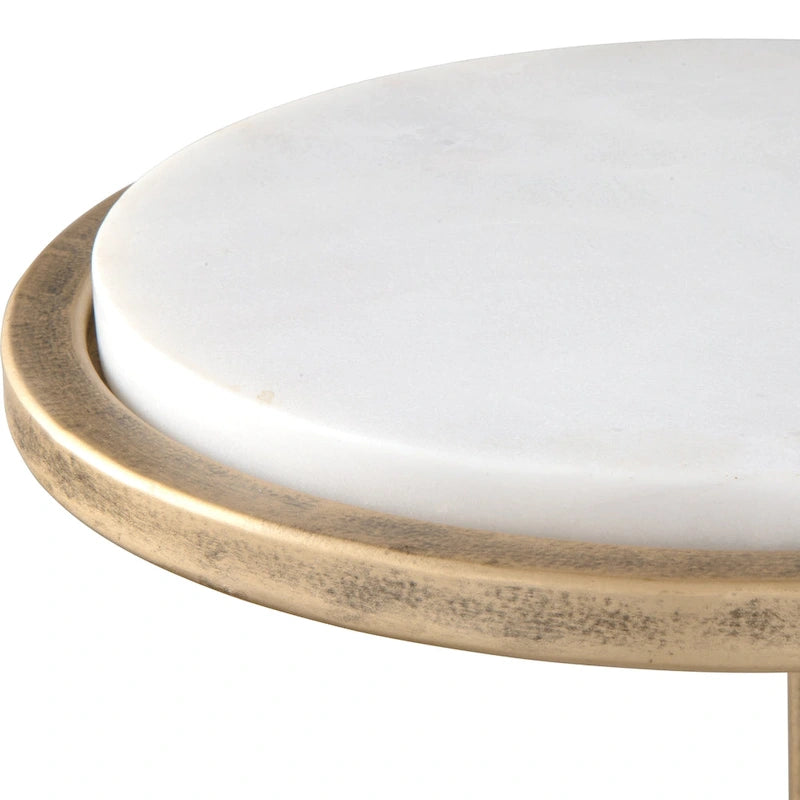 10.25" White Marble Accent Table with Aged Gold Iron Frame - 23.5"H Modern Glam Side Table, Fully Assembled, Handcrafted in India