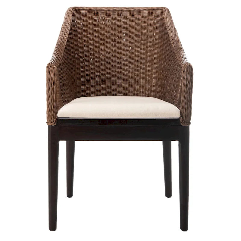 Dining Arm Chair 23"W x 23"D x 34"H Woven Rattan Mahogany Legs White Cotton Cushion Coastal Spanish Style